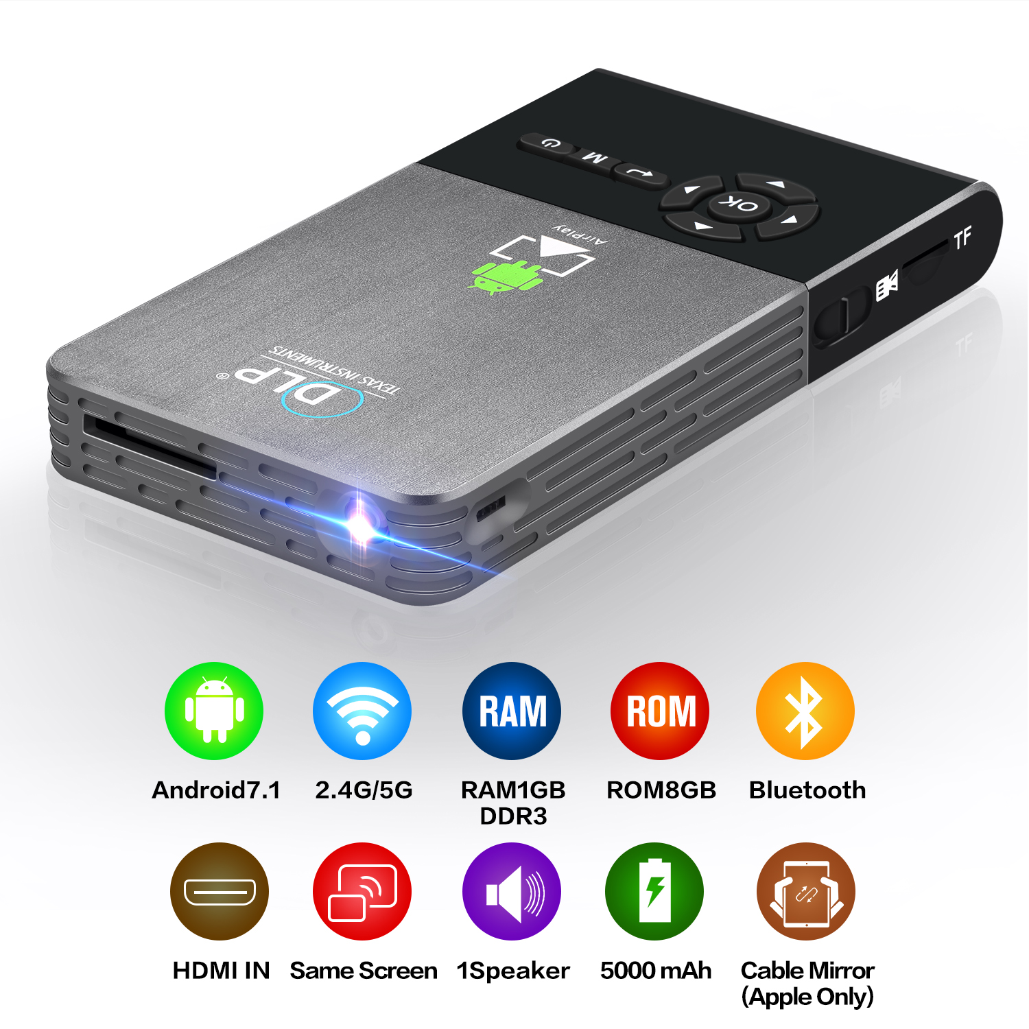 DLP Video Projector HD Pocket Projector Wireless WIFI Pico Projector with Build in Battery Support 1080P Android iOS Smartphone FC300 Techstick Mini Projector DLP Projector